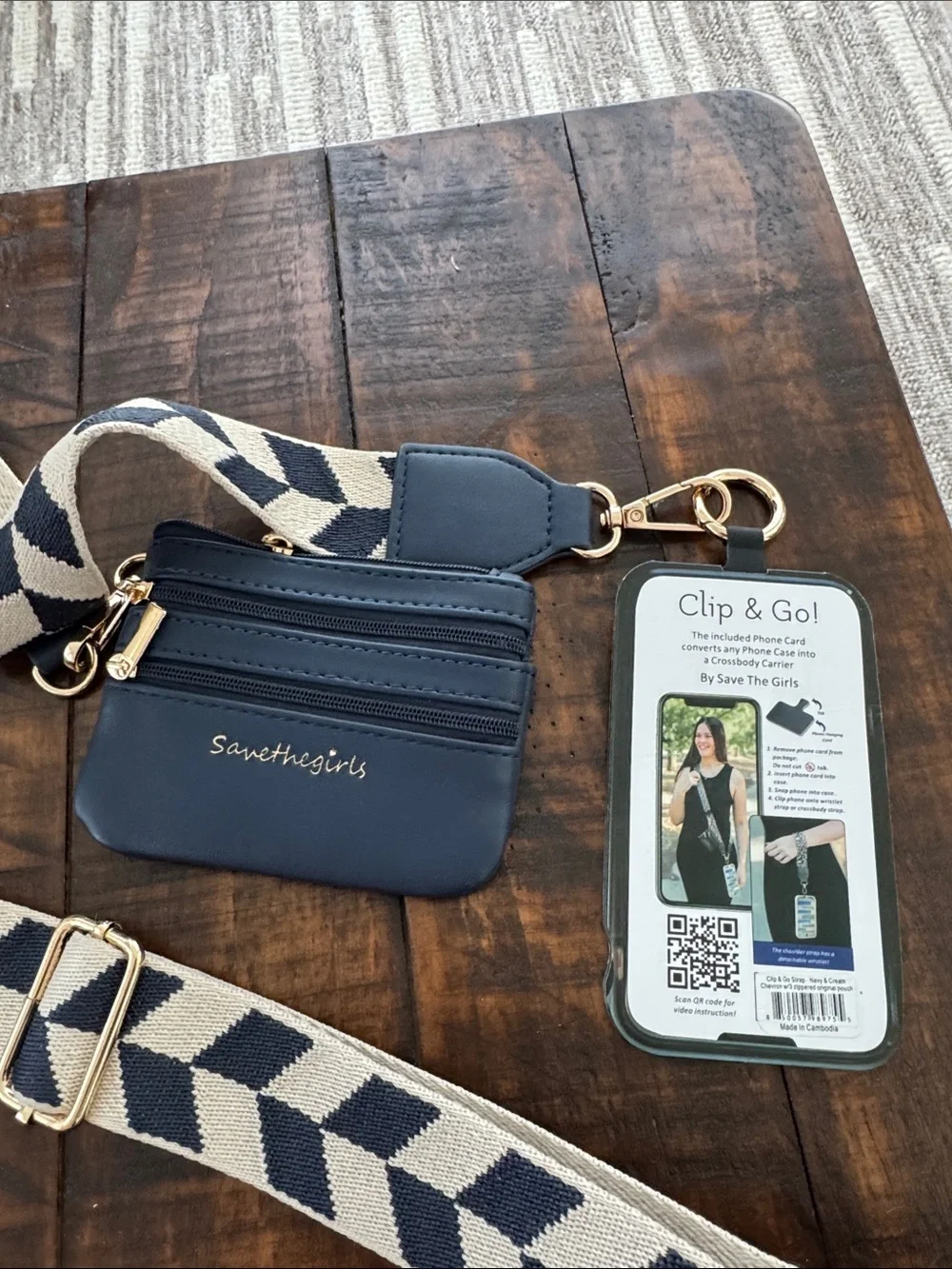 Savethegirls Navy Coin Pouch with Cream & Navy Patterned Adjustable Strap